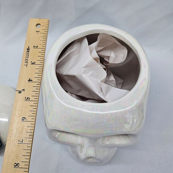 Halloween Decor Iridescent White Ceramic Skull Jar Canister With Lid - Picture 13 of 13